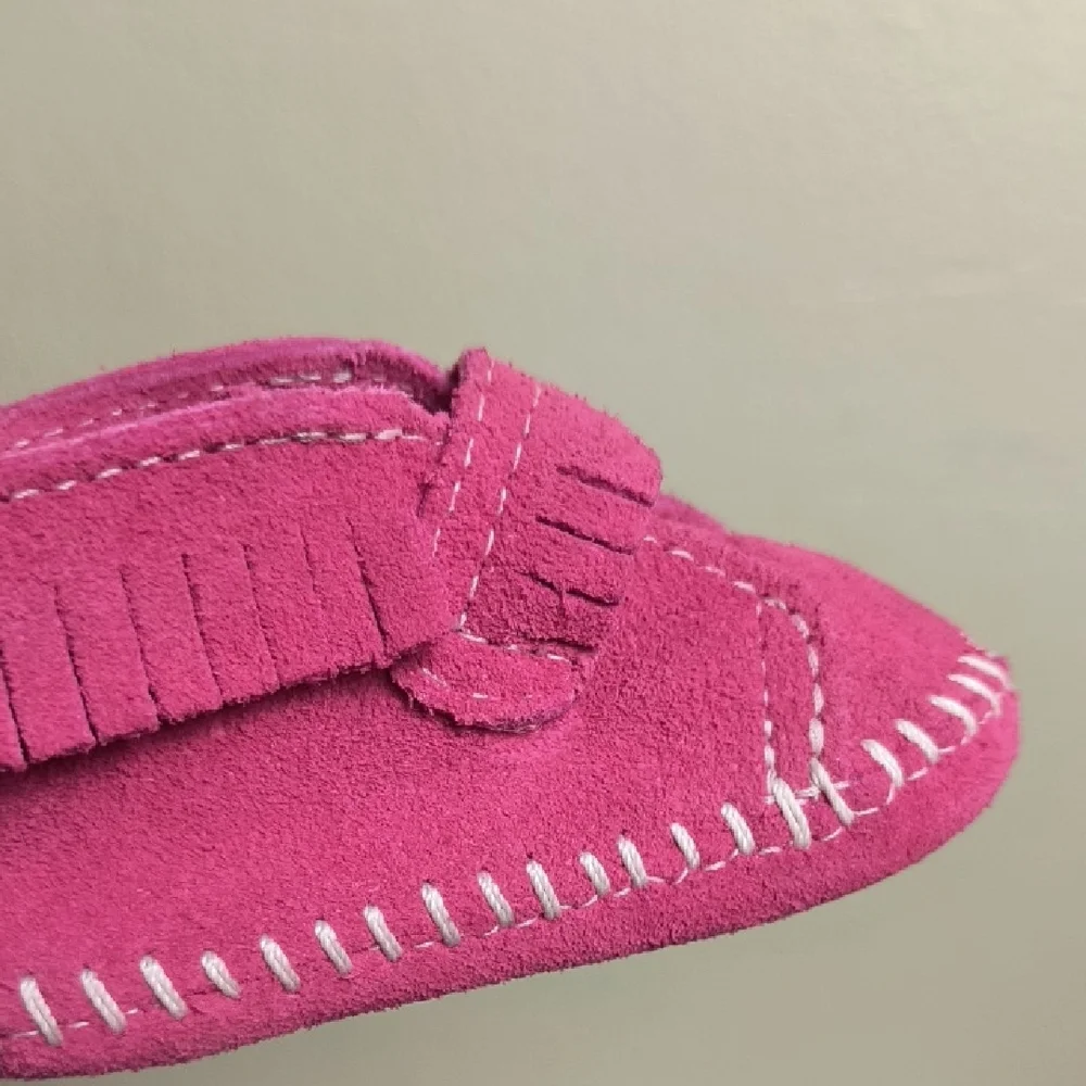Minnetonka Pink Moccasins with Fringe and Contrast Stitching Baby Size 2